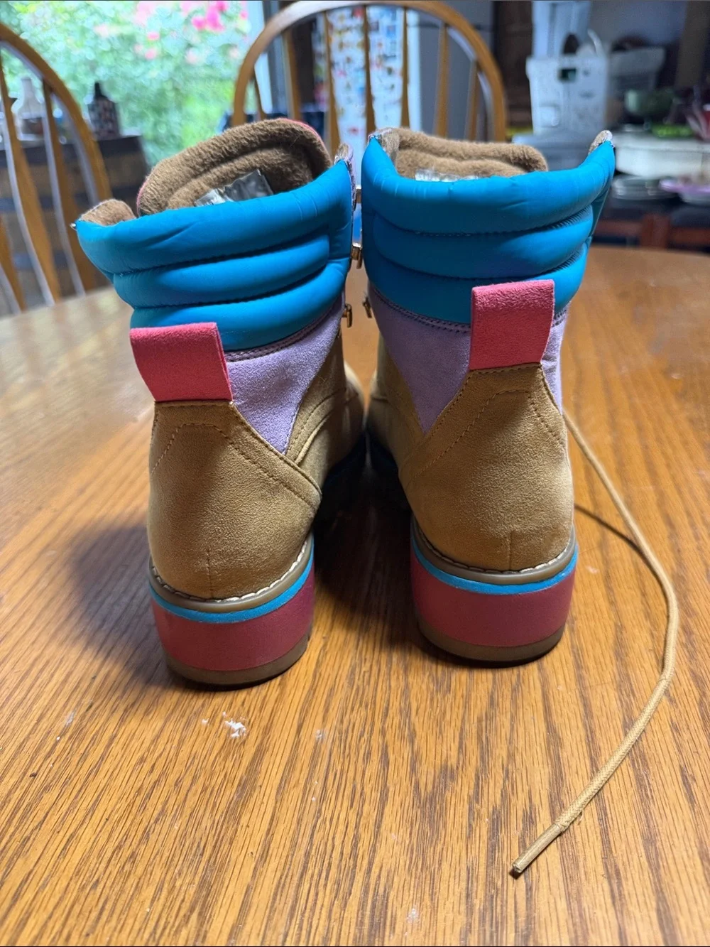 Pacifica Tan Suede Kids/Women’s Lace-Up Boots with Pink Tongue and Blue Trim